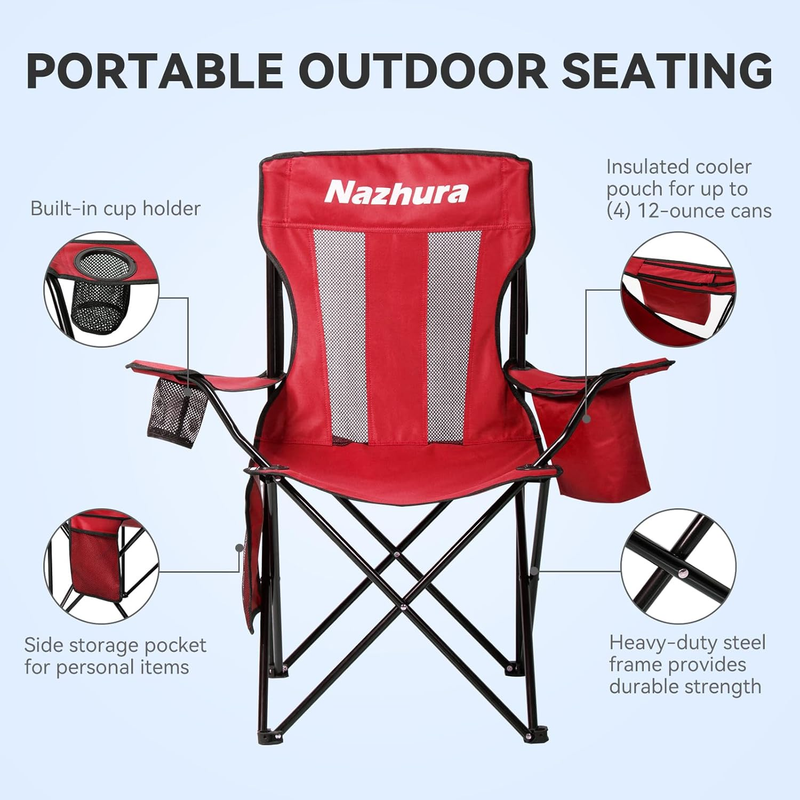 2 Pack Camping Chairs Folding Portable Cooler Bag Mesh Backrest Red3