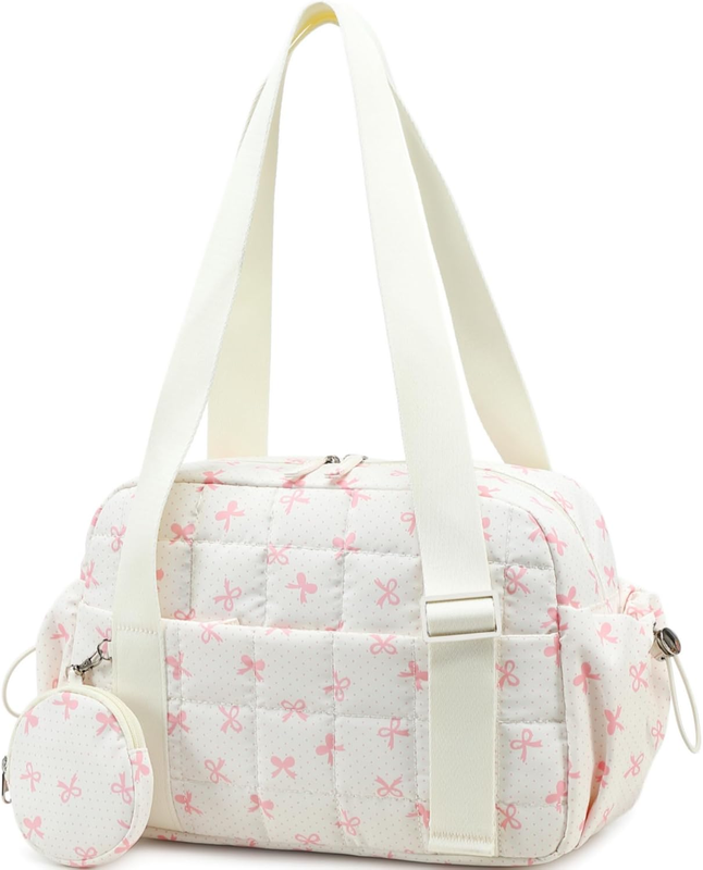 Mini Gym Bag Women Quilted Duffel Wet Compartment Coin Purse Beige Pink Bow0