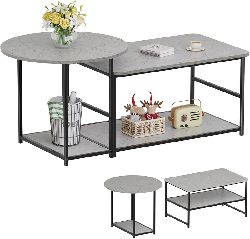 2 in 1 Grey Marble Coffee Table Set with Storage, Modern Living Room Table9