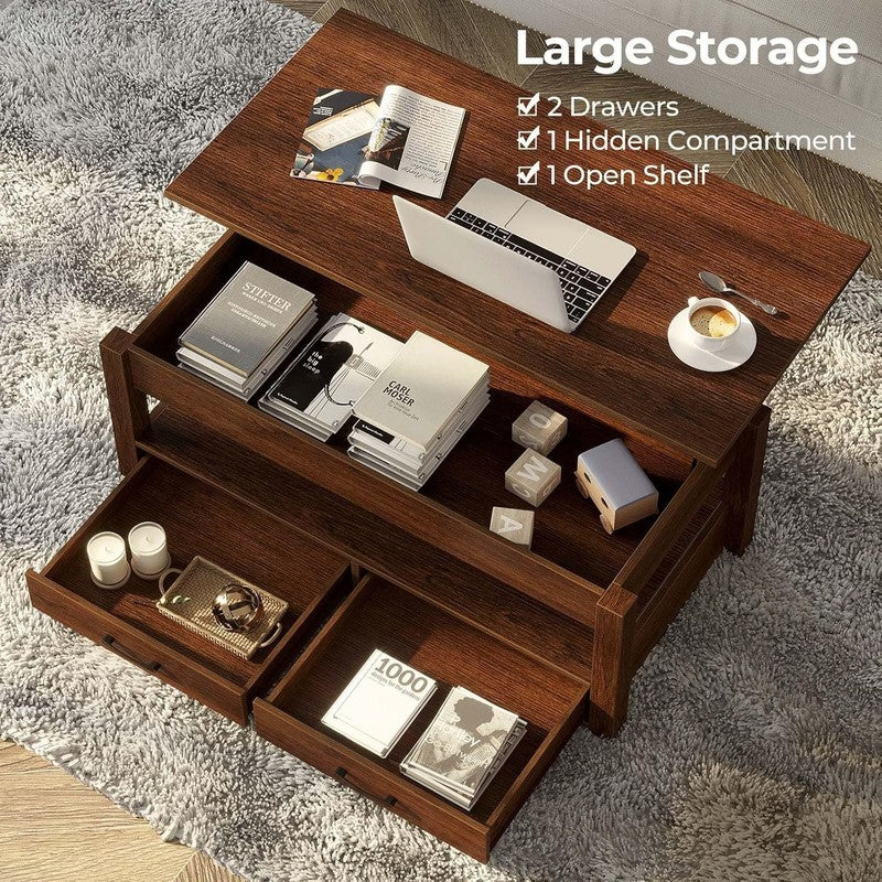 Lift Top Coffee Table w/ Drawers Hidden Compartment Retro Wooden Espresso4