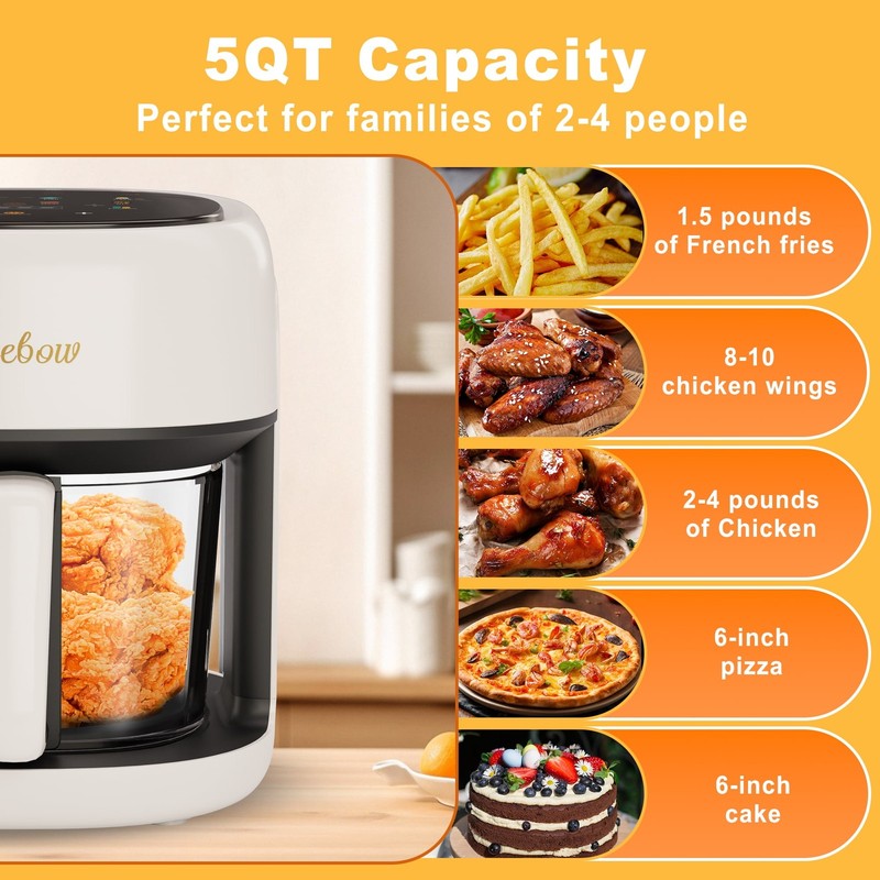 5QT Air Fryer, 360° Glass View, 8-in-1 Digital, Nonstick Basket, 1350W, White3