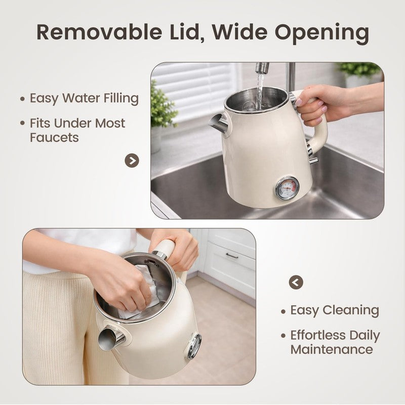 Retro Electric Kettle 1.7L Stainless Steel Fast Boil 1500W Cream Thermometer2
