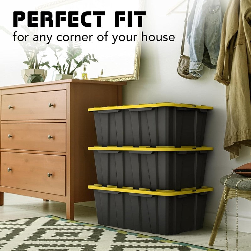 12Gal Black/Yellow Plastic Storage Bins w Lids Stackable 8 Pack Totes5