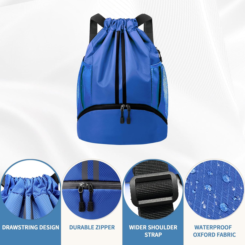 Drawstring Backpack Gym Bag w/ Shoe Compartment Water Resistant Blue Medium4