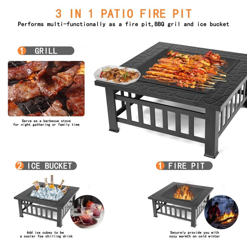32" Outdoor Fire Pit Table Wood Burning w/ Lid, Poker, BBQ Net, Ice Tray, Black5