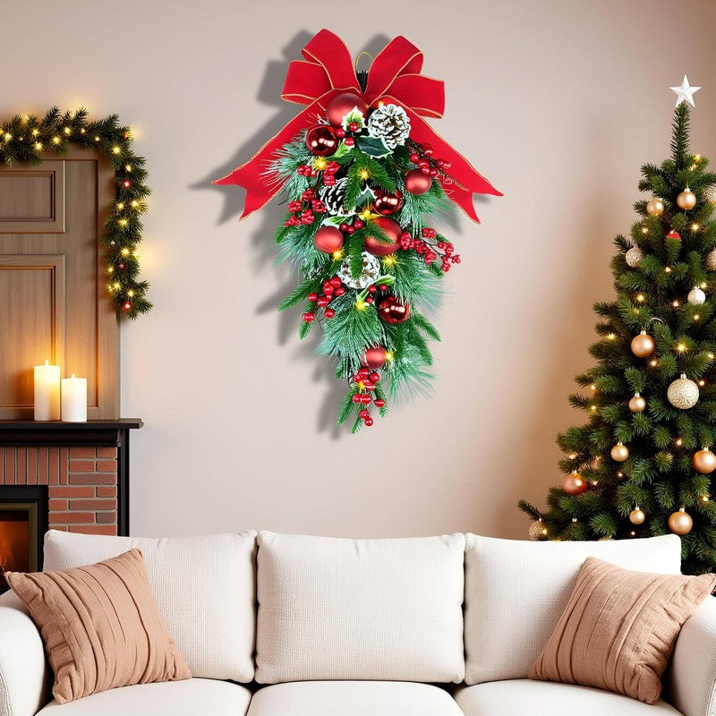 24" Pre-Lit Christmas Teardrop Swag Battery Operated Red Bow Pinecones Berries4