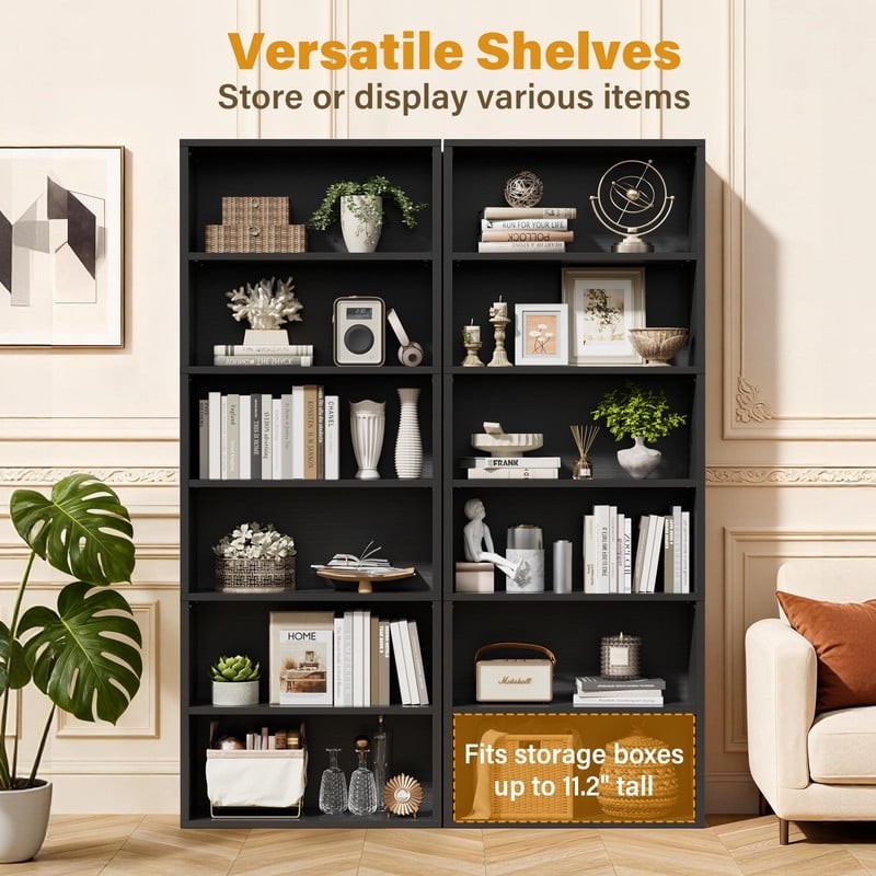 6-Shelf Standing Bookcase, Sturdy Storage for Home Office, Living Room,Black6