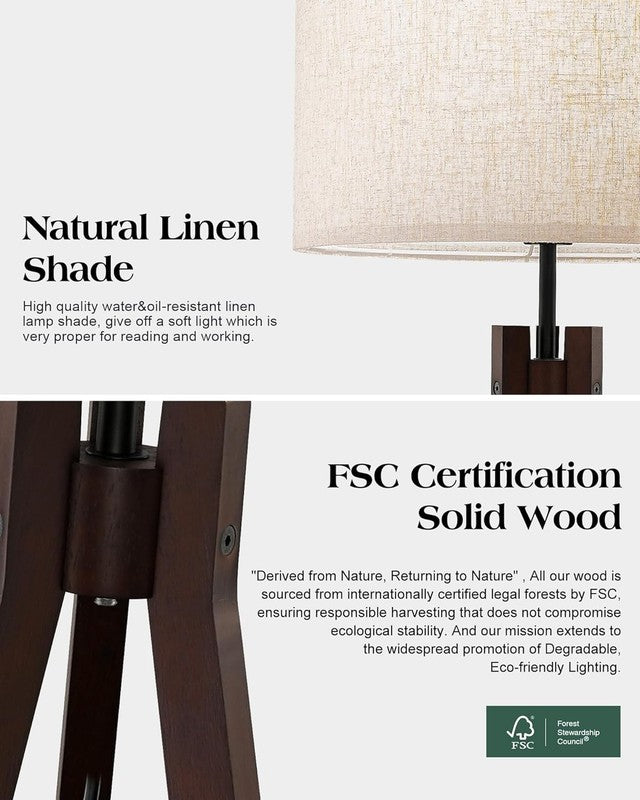 Wood Tripod Floor Lamp 3 Color LED Mid Century Reading Linen Shade Walnut6