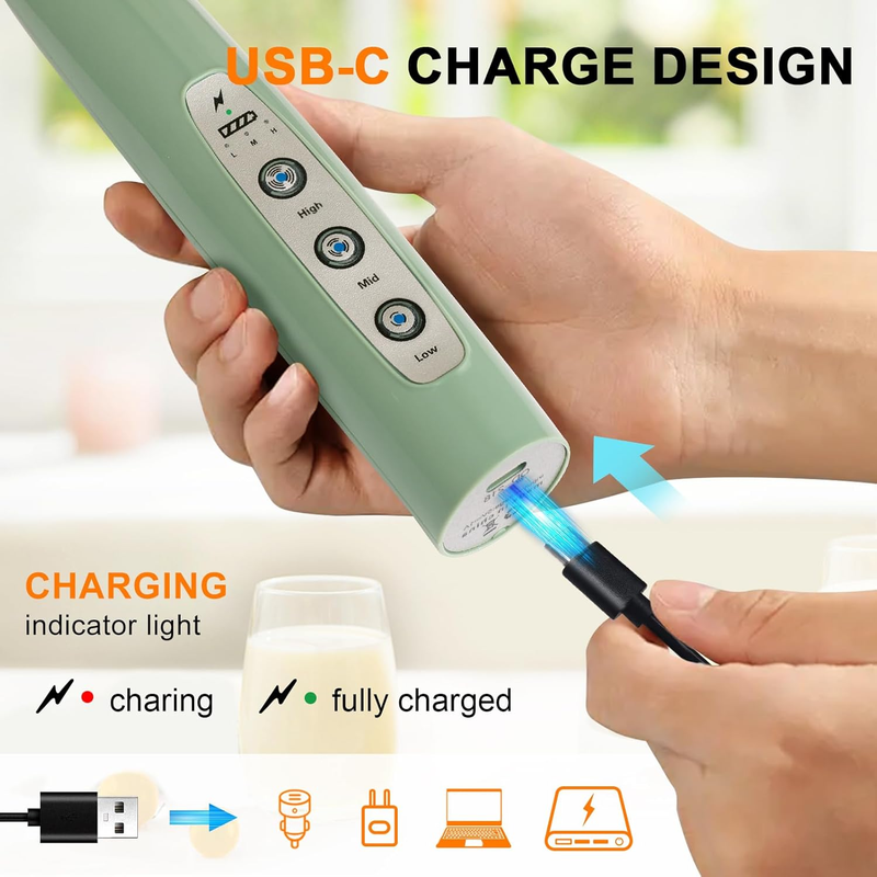 Milk Frother Handheld Rechargeable 3 Speed 3 Heads Coffee Whisk Green2