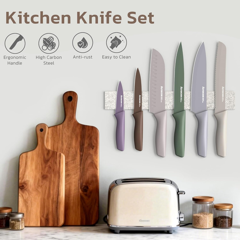 13pc Knife Set Stainless Steel Kitchen Knives w/ Blade Guards Morandi3