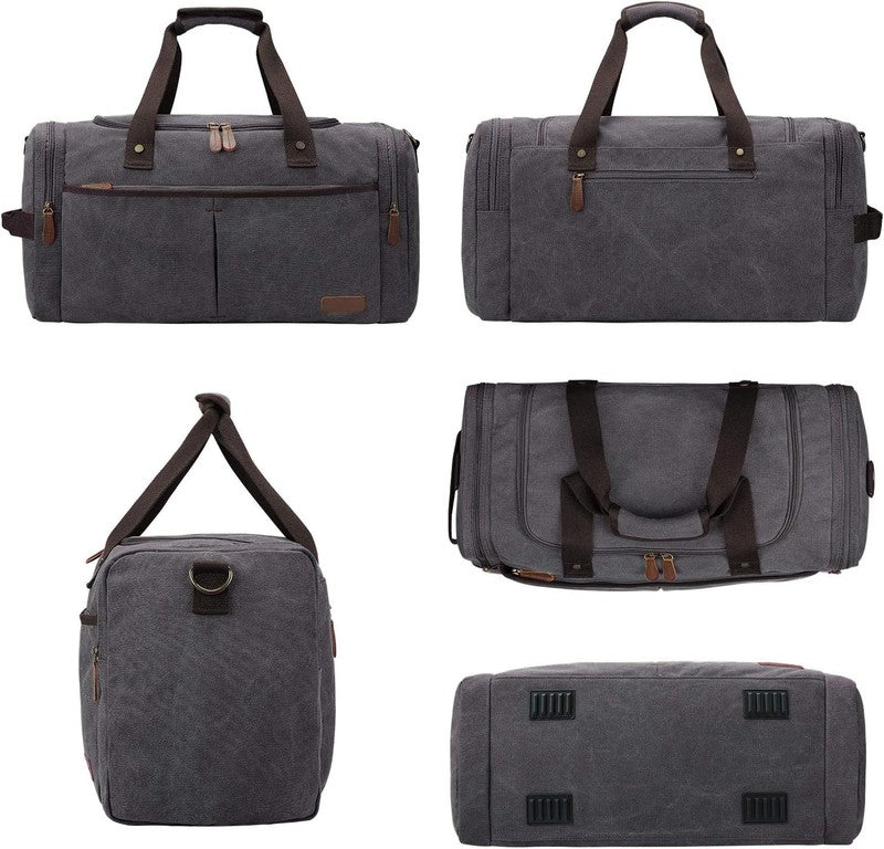 65L Expandable Canvas Duffle Bag Grey Travel Gym Weekender w/ Shoes Compartment6