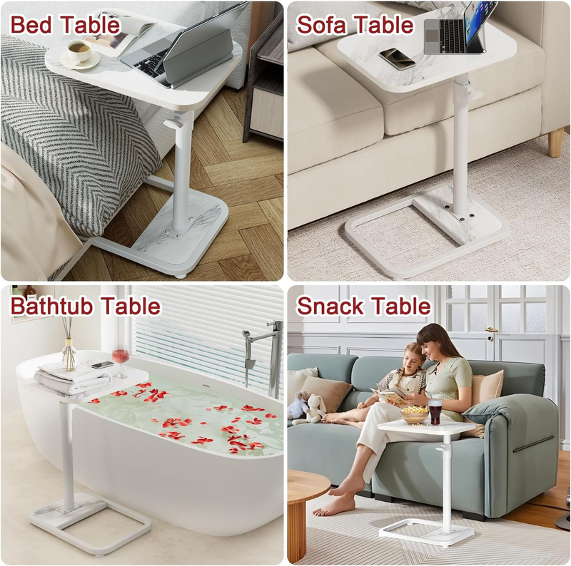 C-Shaped Adjustable TV Tray Side Table White Marble Wood5