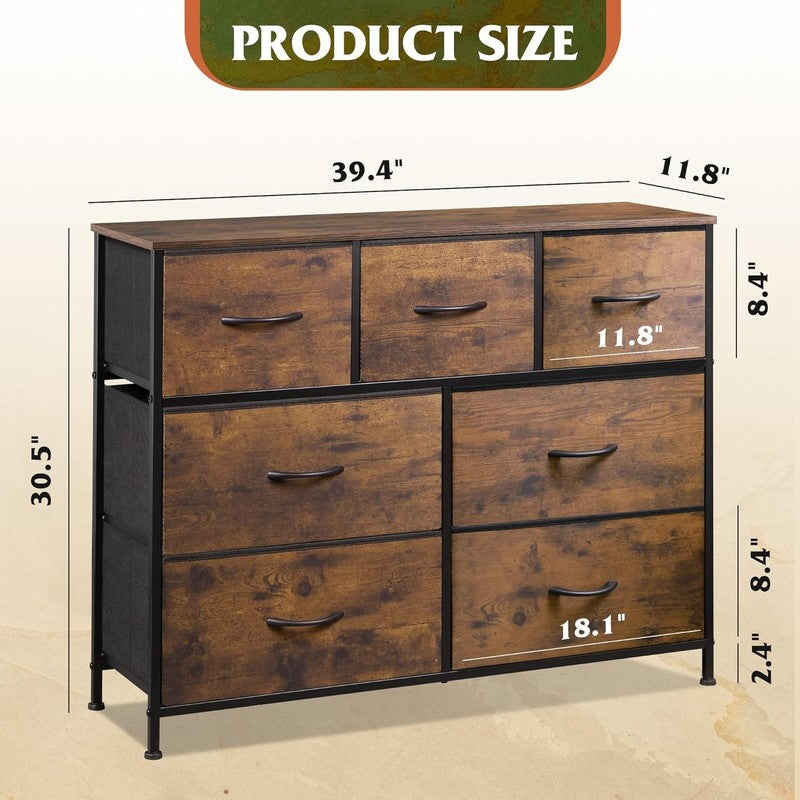 7 Drawer TV Stand Dresser Rustic Brown Wood Grain Metal Frame Storage Chest2