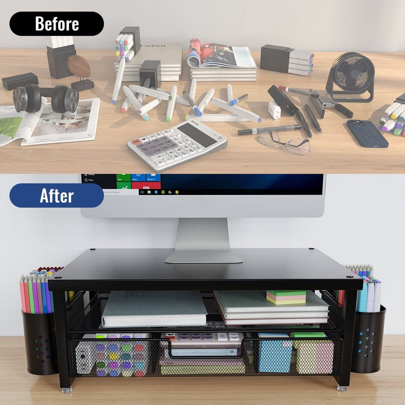 2 Tier Monitor Stand Riser with Drawer and Pen Holders, Desk Organizer and Acces9