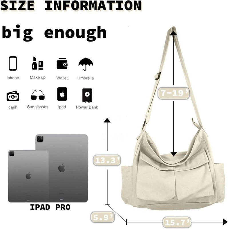 Canvas Messenger Bag Large Hobo Crossbody Multiple Pockets Shoulder Tote Unisex3