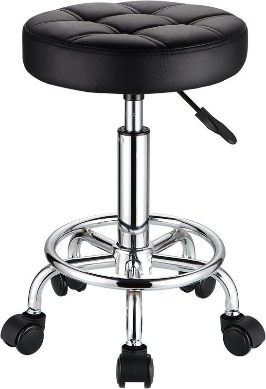 Adjustable Round Rolling Stool with PU Leather Seat and Wheels - Black0