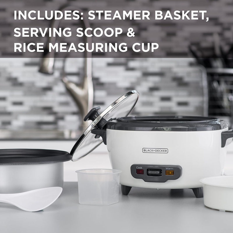 Rice Cooker 6-Cup (Cooked) with Steaming Basket, Removable Non-Stick Bowl, White2