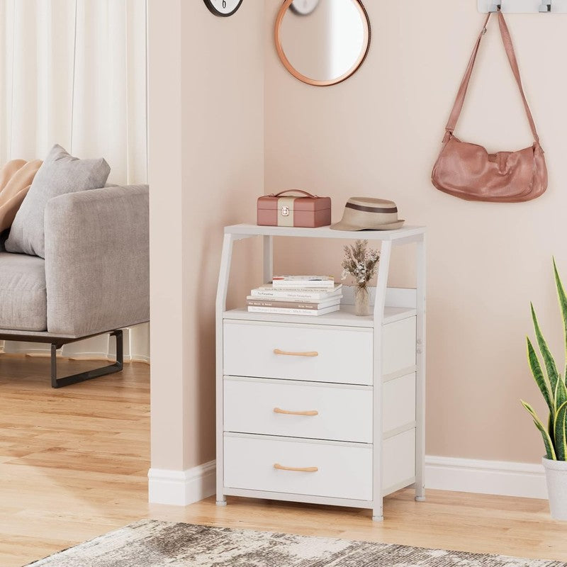 White Nightstand with 3 Drawers and 2 Tier Shelf, Small Night Stand End Table Si1