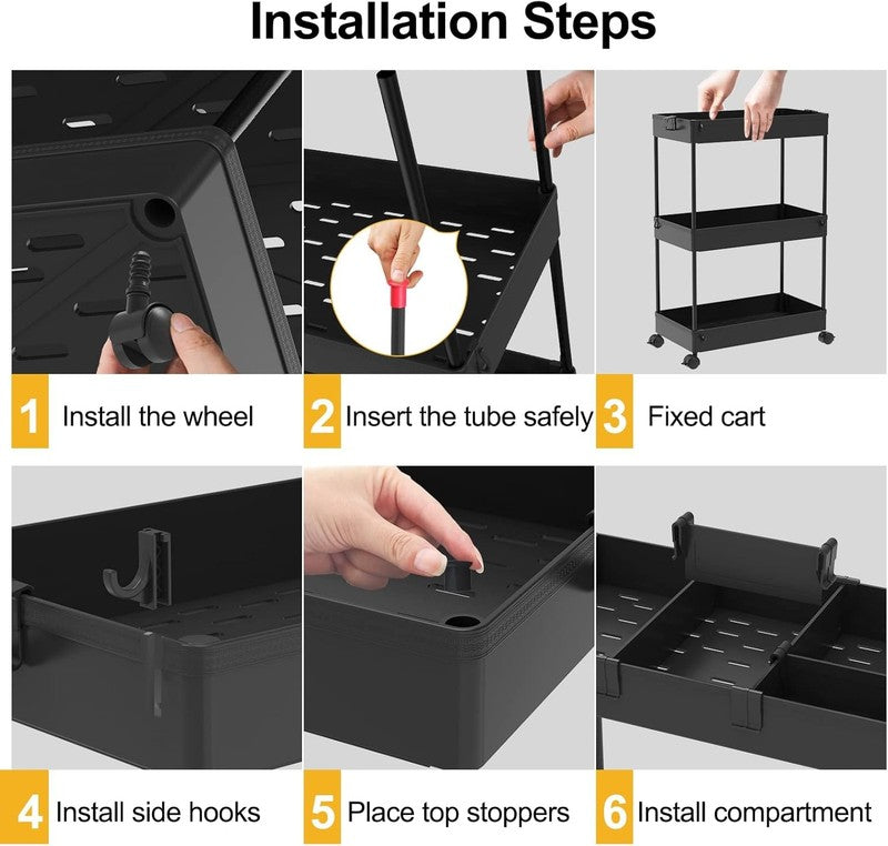 3-Tier Rolling Cart with Wheels, Storage Trolley Organizer with Baskets, Black9