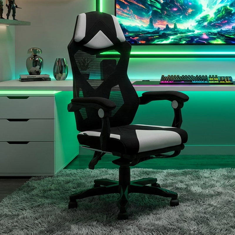 Gaming Office Chair with Extendable Leg Rest White Black Fabric Ergonomic1