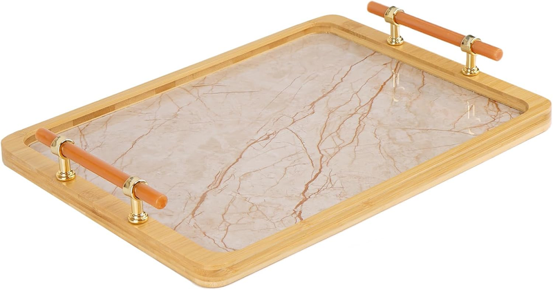 16" X 12" Bamboo Serving Tray with Handles – Marble Pattern Decorative Rectangle0