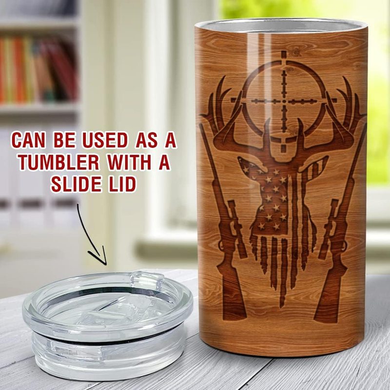Hunting Tumbler Wood Style American Flag 4-in-1 12oz Can Cooler Stainless Steel2