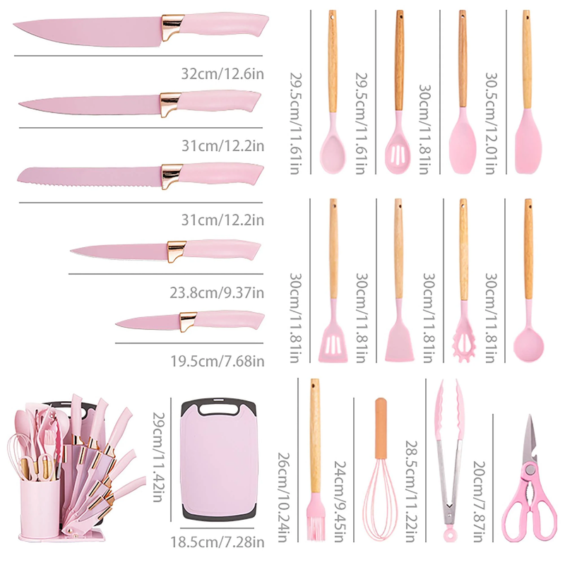 19 Piece Silicone Kitchen Utensil & Knife Set Heat Resistant Pink Gift2