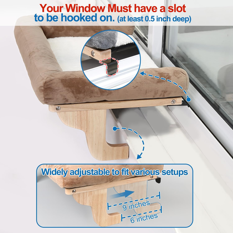 Cat Window Perch Sill Hammock Bed Large Hardwood Metal Frame Dark Wood Gray 24in3