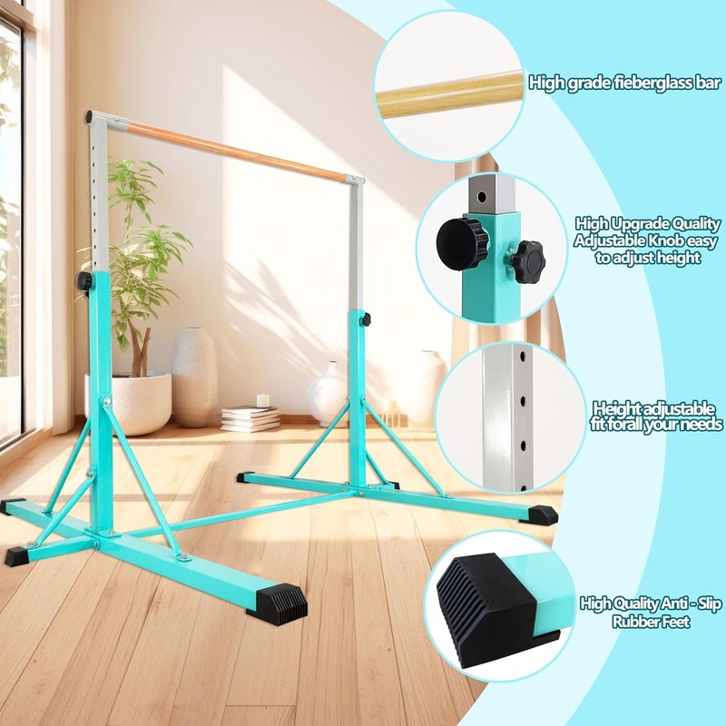 Kids Gymnastics Bar 35" 60" Adjustable Kip Bar 4FT Wide Base Home Training2