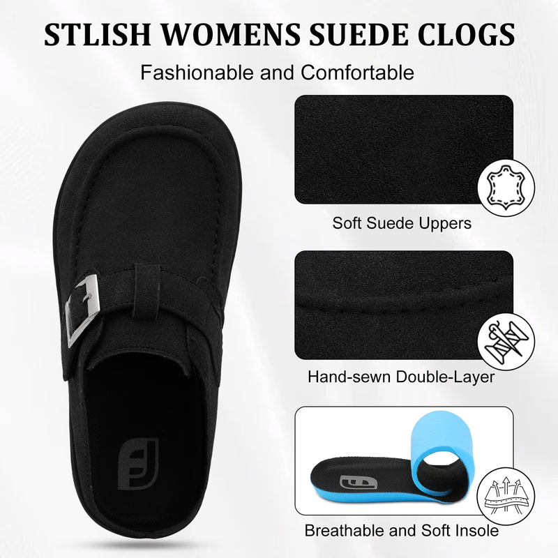 Wide Fit Suede Clogs for Women Comfort Mules with Buckle4