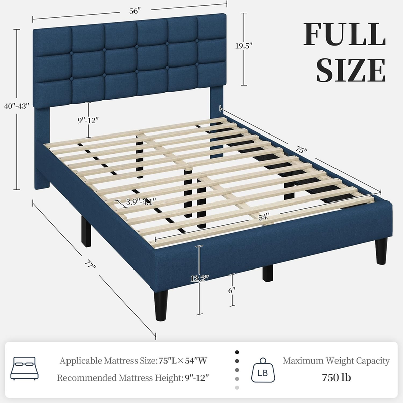 Upholstered Full Bed Frame Tufted Headboard Adjustable Wood Slats Navy Blue1