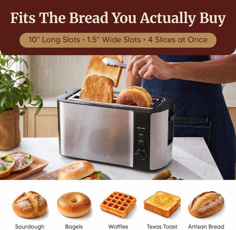 ECT 3100 4 Slice Long Slot Toaster Wide Slots Warming Rack Stainless2