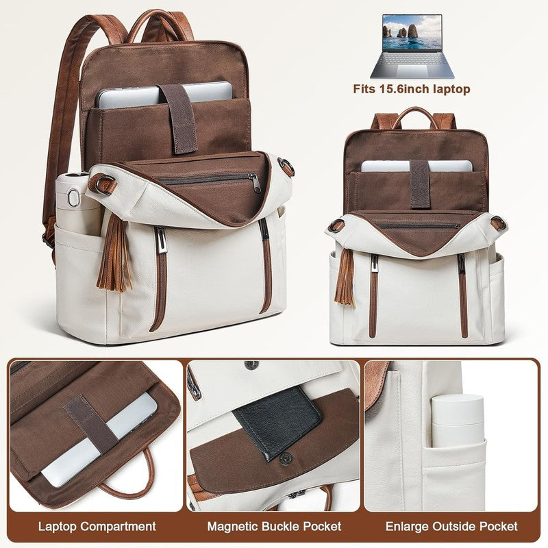 Women Laptop Backpack 15.6" Leather Travel Work Water Resistant Beige Brown5