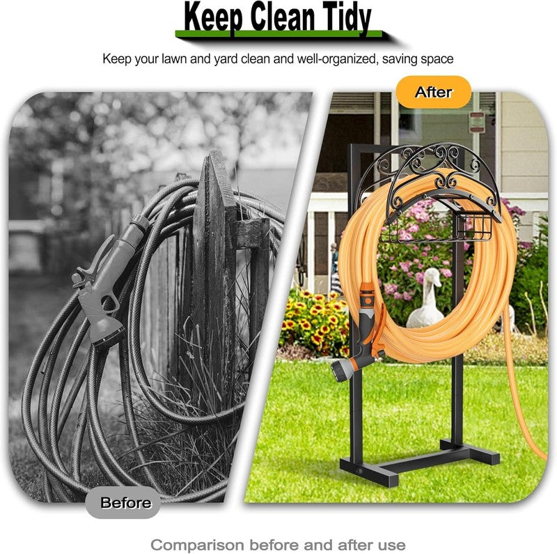 Garden Hose Holder   Upgraded Water Hose Holder Stand with Storage Basket Holds 5