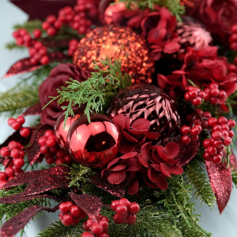 24" Decorative Christmas Teardrop Swag Red Hydrangea Purple Bow Red Berries4