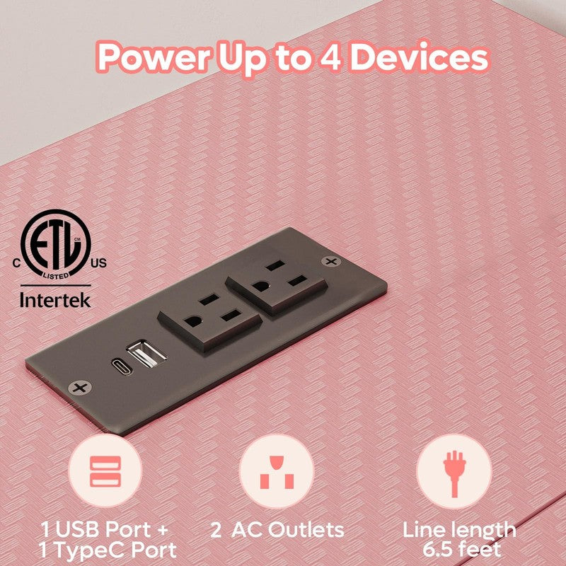 42" L-Shaped Computer Desk LED with Power Outlets & Monitor Stand Pink2