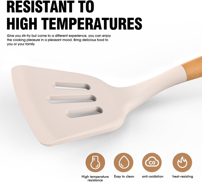 Silicone Kitchen Utensil Set Wooden Handle Holder Heat Resistant Khaki1