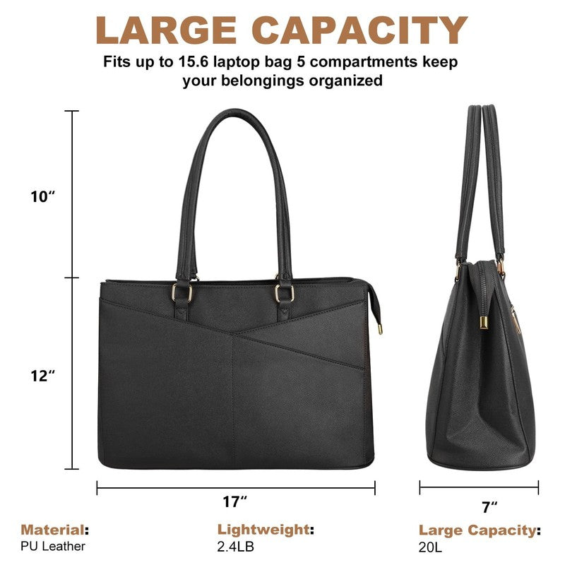 15.6 Inch Leather Laptop Tote Bag Waterproof Work Office Briefcase Black3