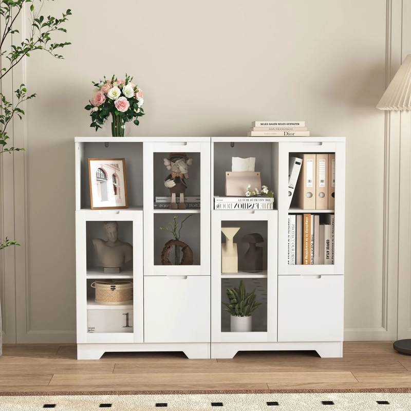 Storage Cabinet with Glass Doors and Drawer, Adjustable Shelves, White2