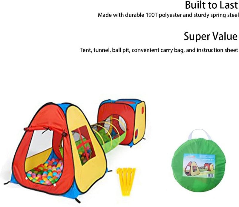 3 in 1 Pop up Play Tent with Tunnel, Ball Pit for Kids, Boys, Girls, Babies and 2
