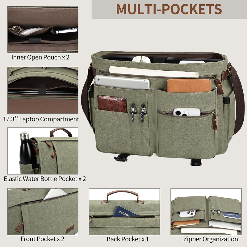 Mens Messenger Bag 17.3in Water Resistant Briefcase Satchel Army Green4