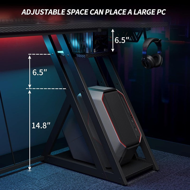 40" L Shaped Gaming Desk Aurora LED Lights Power Outlets Carbon Fiber w/ Shelves3