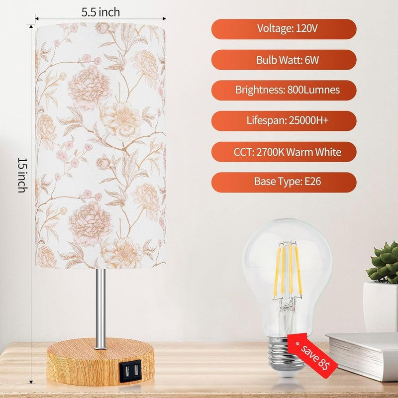 15" Touch Control Table Lamp w/ Dual USB Floral Print 3 Way Dimmable Bedside3