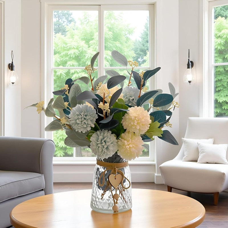 Artificial Hydrangea Flowers with Vase Eucalyptus Table Centerpiece Decor1