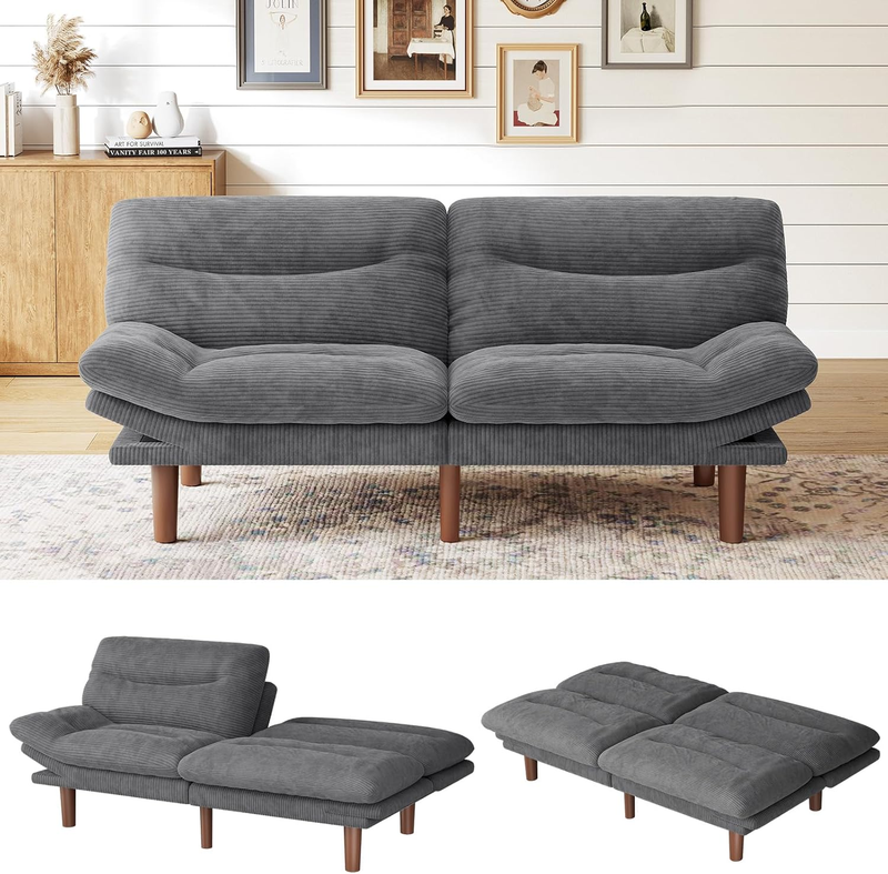 75in Futon Sofa Bed Convertible Corduroy Sleeper Sofa Loveseat Adjustable Grey10