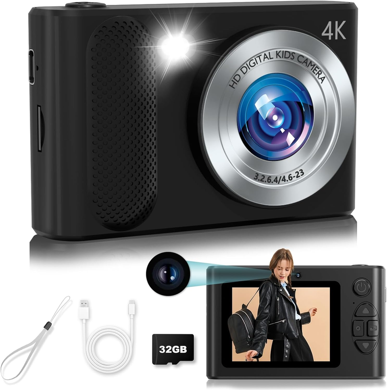 48MP Kids Digital Camera 1080P Dual Lens w/ 32GB Card – Black Gift9