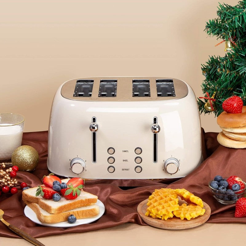 Retro 4 Slice Toaster Cream ST033 - Wide Slots, Bagel, Defrost, 6 Settings6
