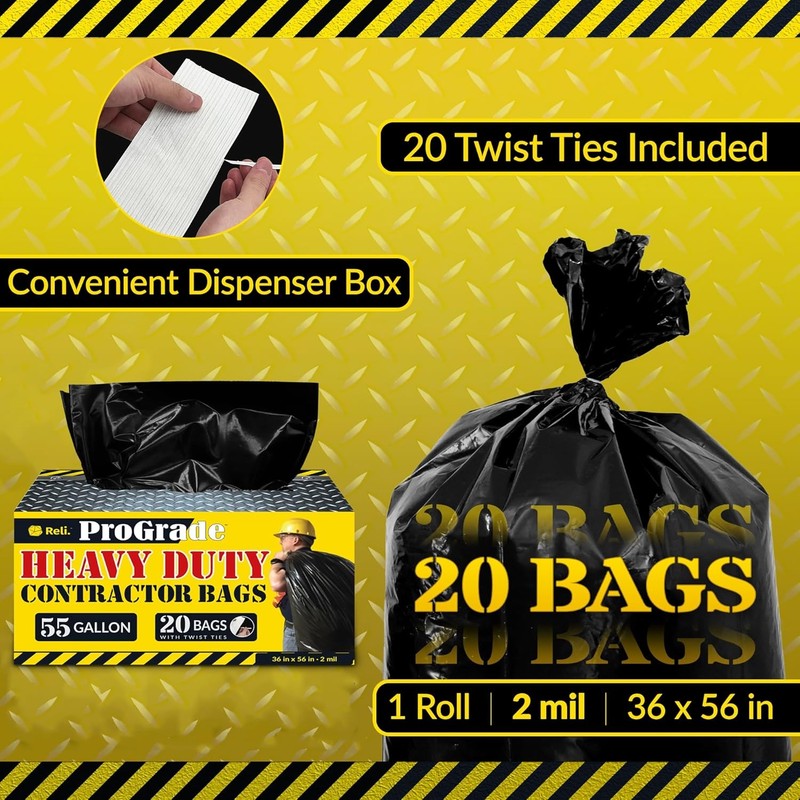 Contractor Garbage Bags 55 Gallon | 20 Trash Bags | Heavy Duty, Black Contractor1