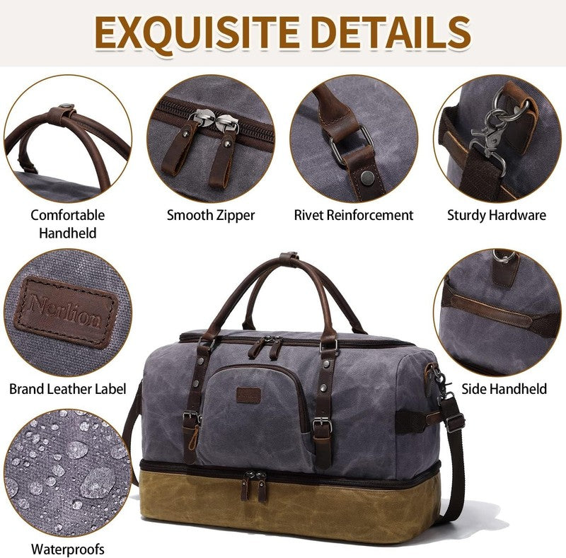 Nerlion Weekender Duffle Bag Gray Canvas Leather Carry On w/ Shoe Compartment4