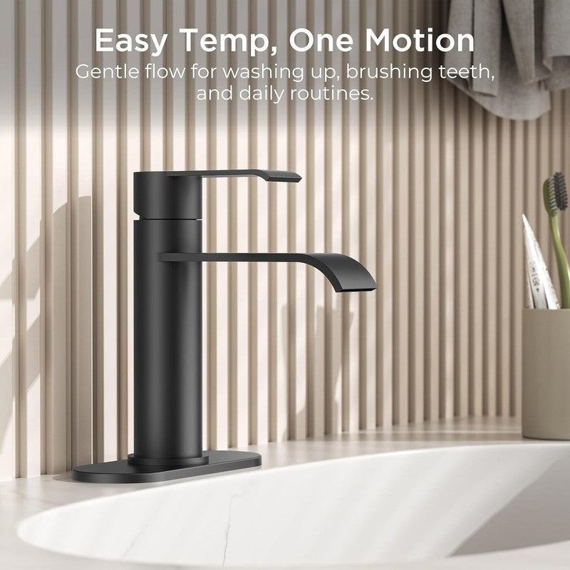 Black Bathroom Faucet 1 Hole, Single Handle Matte Black Waterfall Bathroom Fauce3